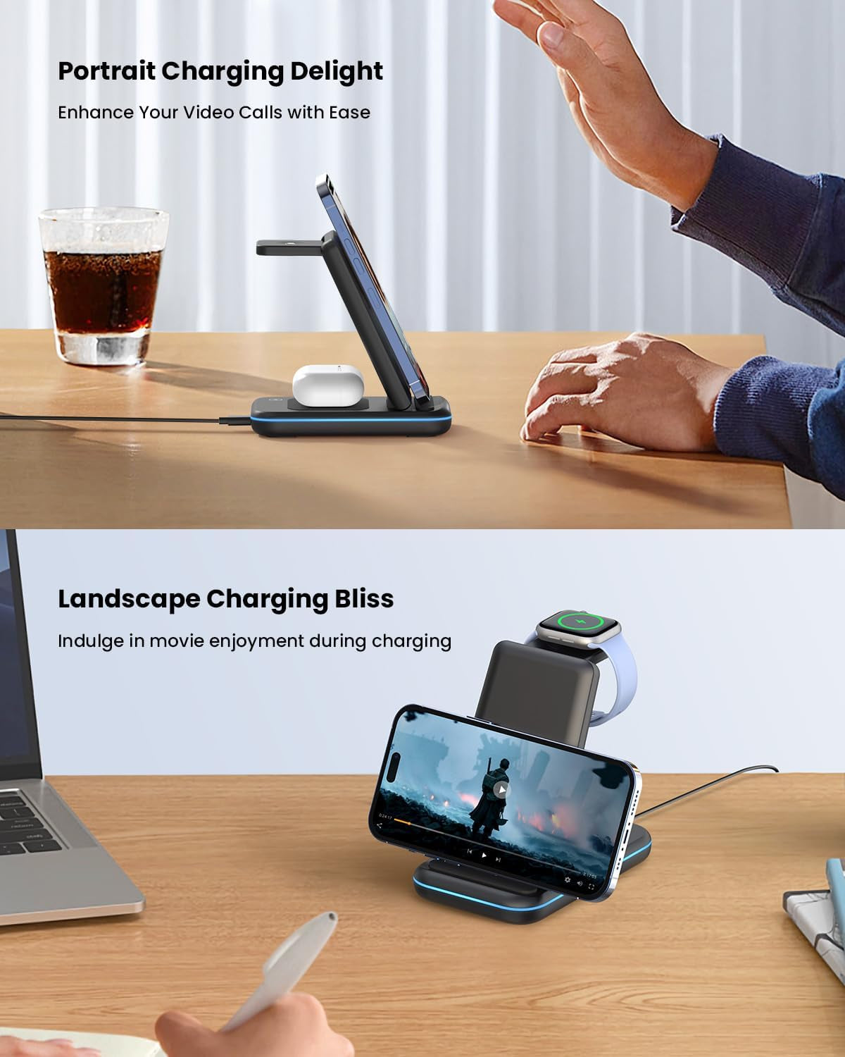 3 in 1 Wireless Charging Station, Foldable Wireless Charger Stand for Multiple Apple Devices for Iphone 17 16-8, Apple Watch Ultra//11/10/9/Se/8/7/6/5, Airpods Pro/4/3/2
