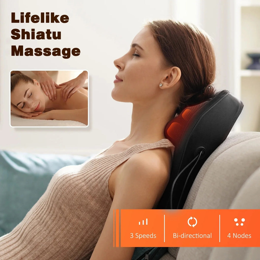 Neck & Back Massager with Heat — 3D Deep-Kneading Shiatsu Pillow, Black — Home Use & Gift for Mom & Dad